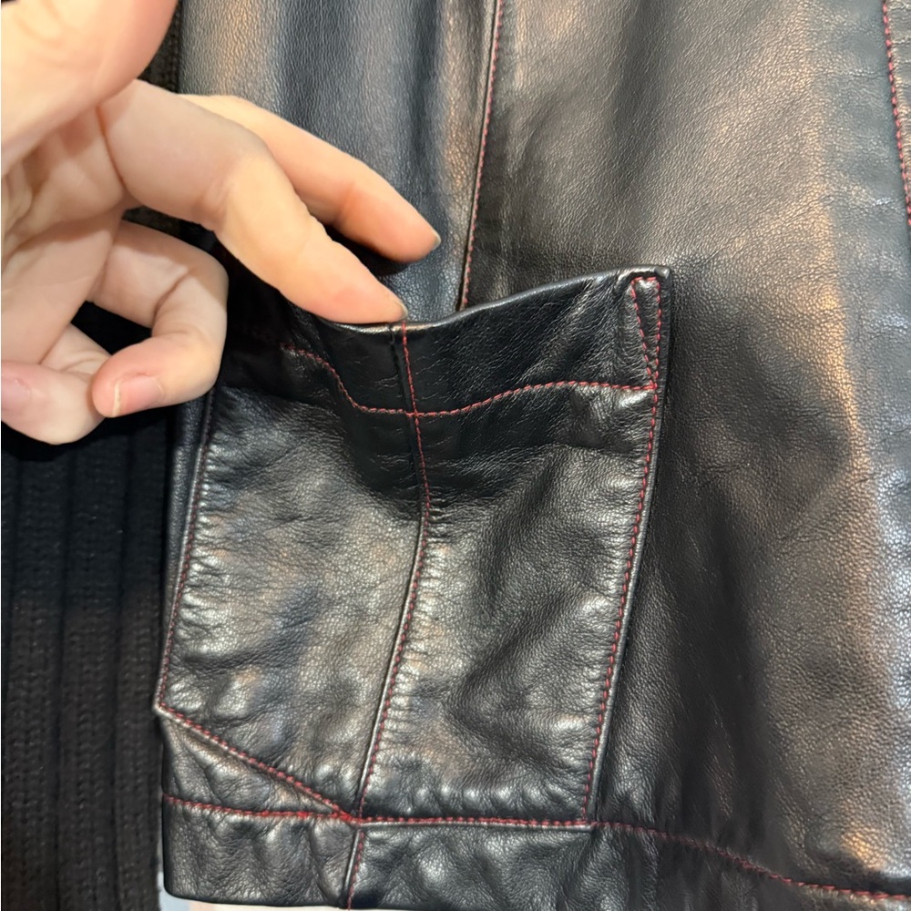 Twiggy Black Genuine Leather Jacket with Knit Sleeves - Picture 3 of 9